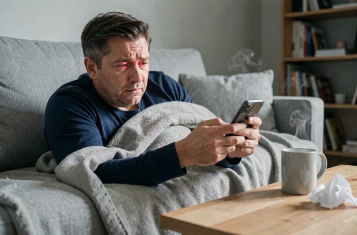 Homme fatigué sur son canapé envoyant un message d'absence maladie depuis son smartphone