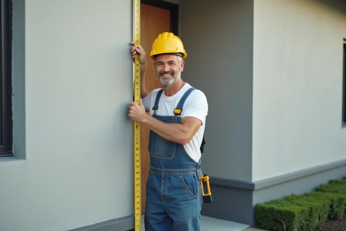 Homme en overalls mesurant une façade de maison moderne