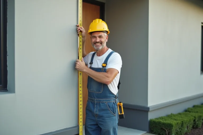 Homme en overalls mesurant une façade de maison moderne