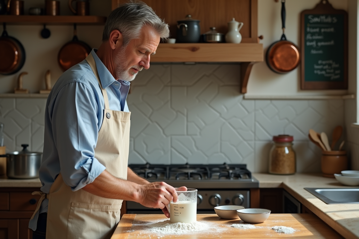 Homme vérifiant la quantité de lait dans un verre mesureur en cuisine