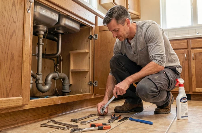 Homme réparant la plomberie sous l'évier de cuisine avec une clé à molette, bricolage domestique pratique
