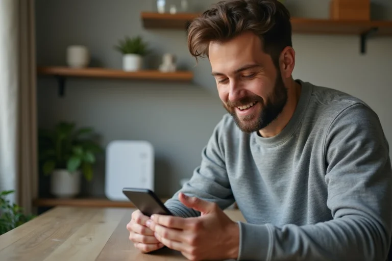 Homme consultant son application Free Mobile sur smartphone pour lier son forfait à sa Freebox depuis son bureau à domicile