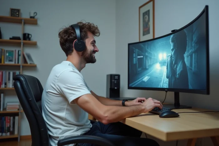 Homme regardant un film en streaming sur un écran d'ordinateur ultrawide dans un bureau à domicile épuré