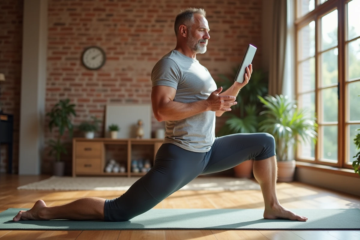 Homme en posture de guerrier dans un studio de yoga lumineux et spacieux