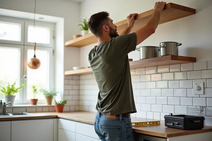 Homme installant des étagères flottantes en bois dans une cuisine moderne avec des ustensiles en cuivre