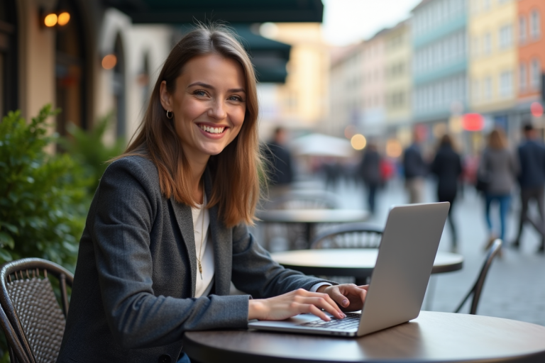 Jeune femme en casual au café avec ordinateur