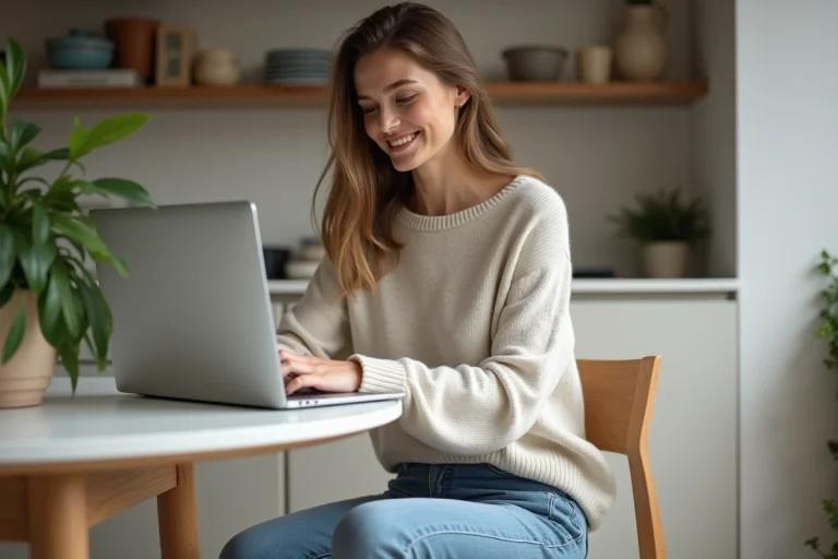 Jeune femme souriante à la maison avec ordinateur portable