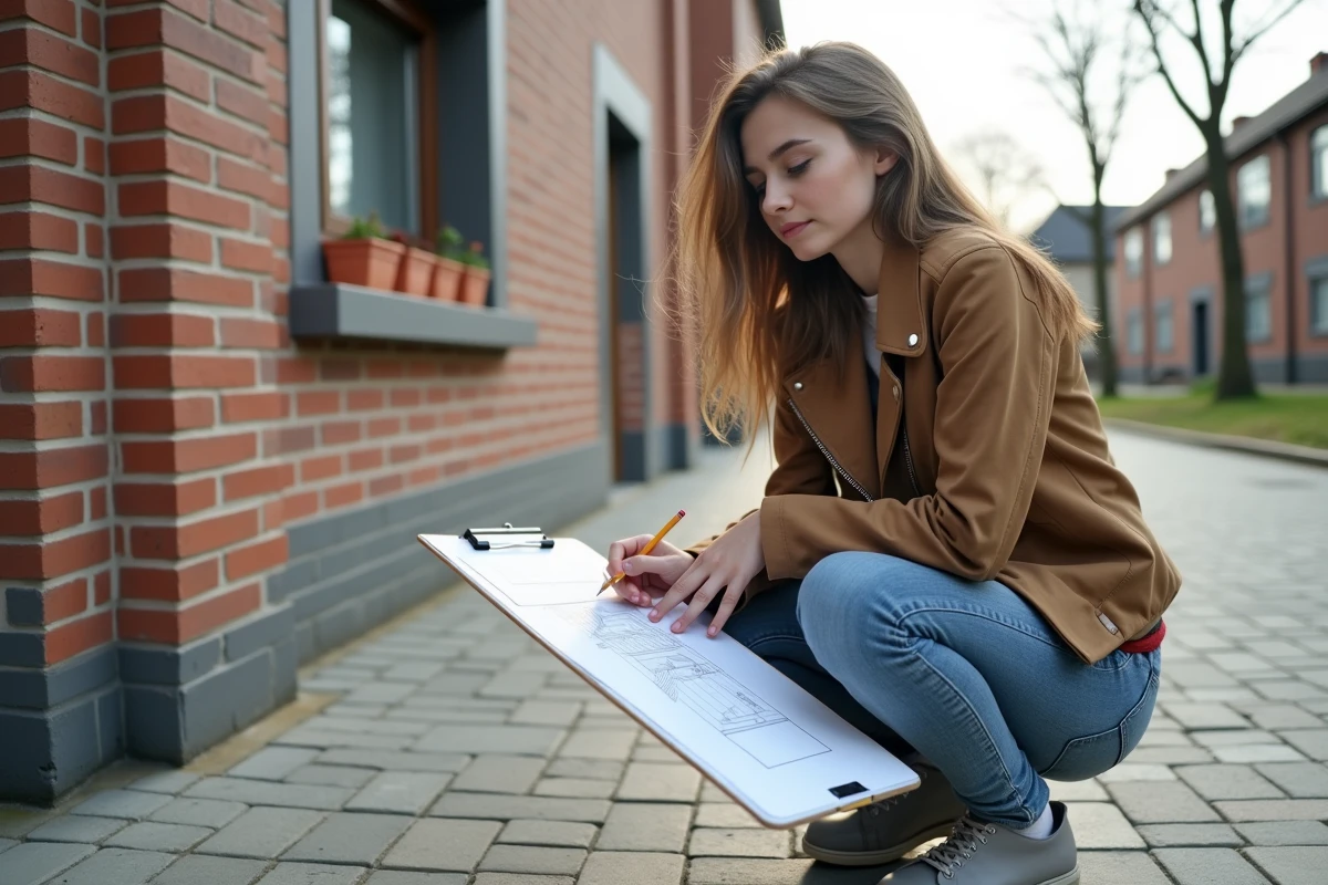 Jeune femme esquissant une façade de maison sur papier