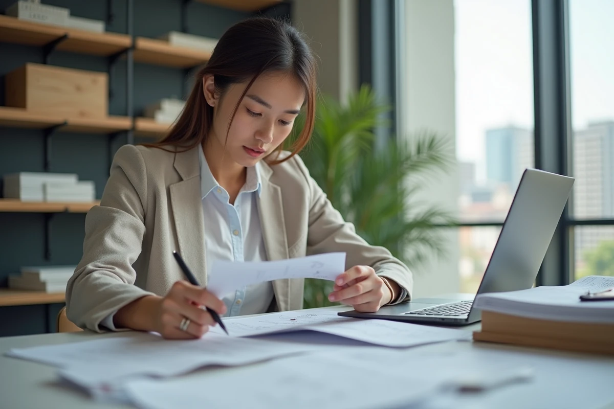 Jeune entrepreneure examinant une brochure de clôtures au bureau