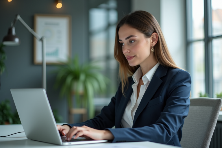 Jeune femme en blazer naviguant sur un ordinateur en bureau moderne