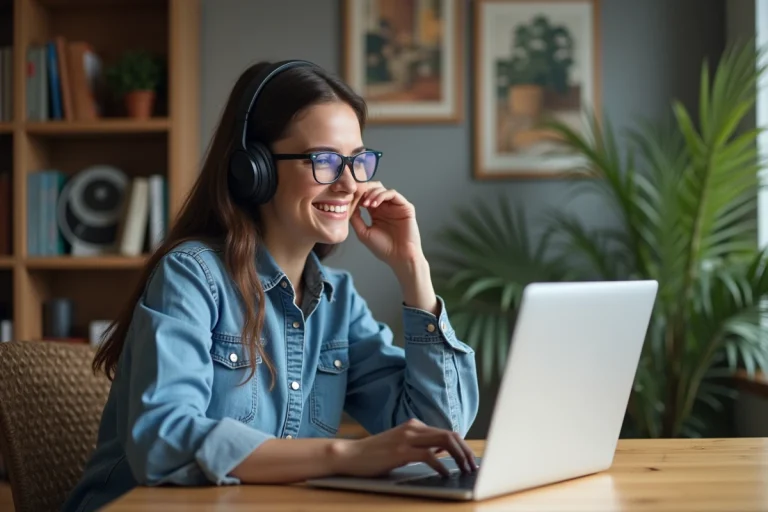 Jeune femme en denim souriante uploadant une vidéo sur son ordinateur