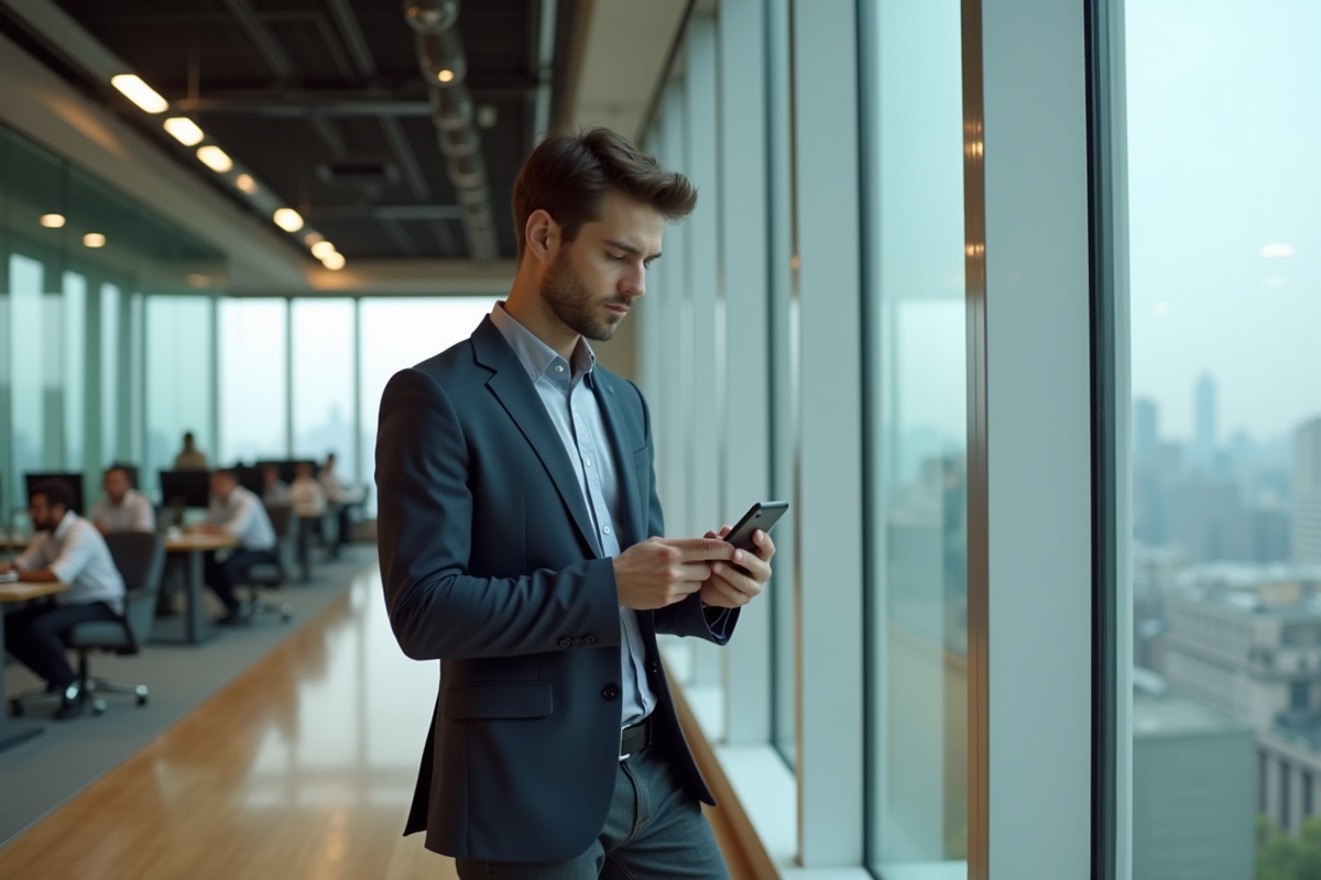 Jeune homme au bureau regardant son smartphone