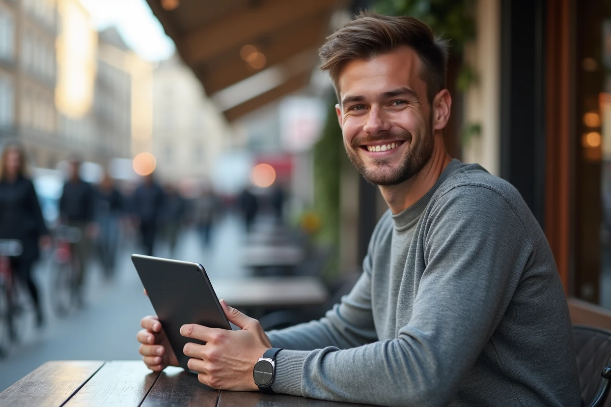 Jeune homme souriant dans un café urbain