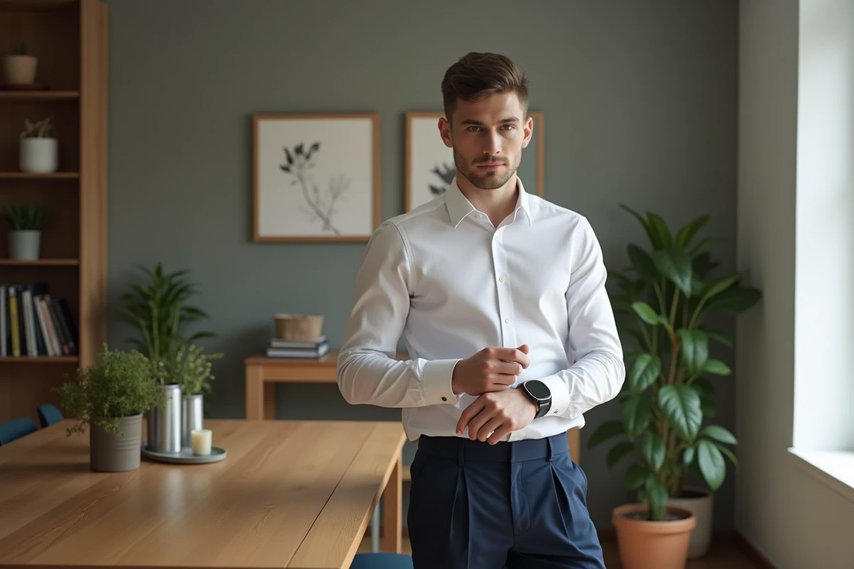 Jeune homme ajustant sa montre dans un appartement moderne