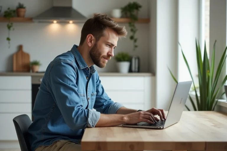 Jeune homme en cuisine avec ordinateur portable et fibre optique