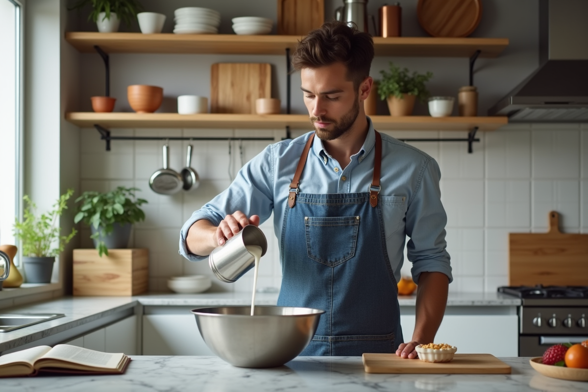 Jeune homme verse du lait dans un bol en cuisine moderne