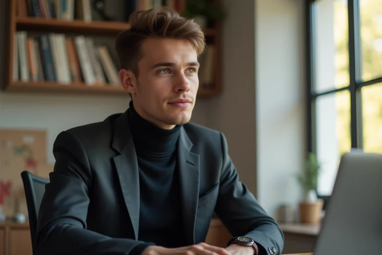 Jeune homme en turtleneck dans un bureau moderne