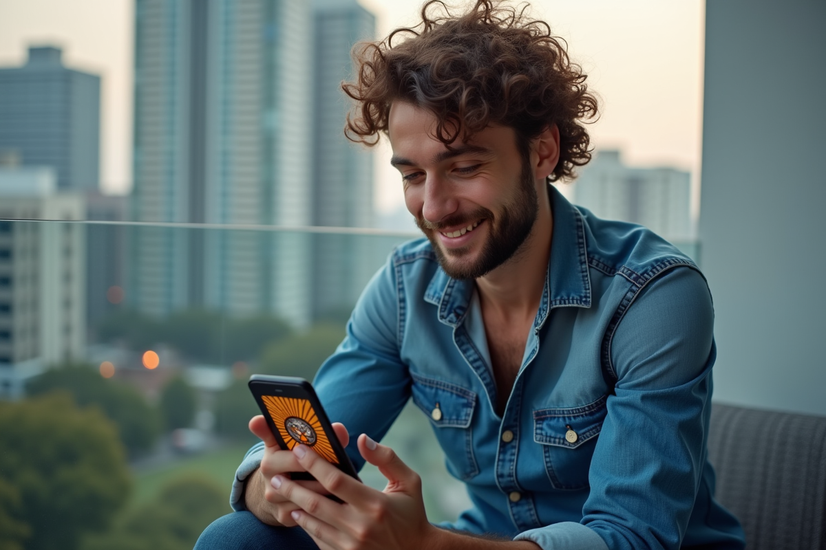 Jeune homme utilisant une application de tarot sur smartphone en extérieur
