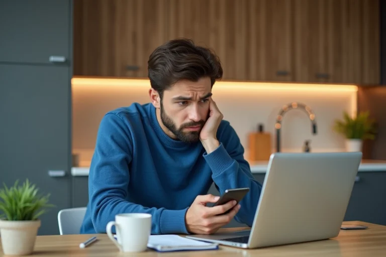 Jeune homme confus avec smartphone dans une cuisine moderne