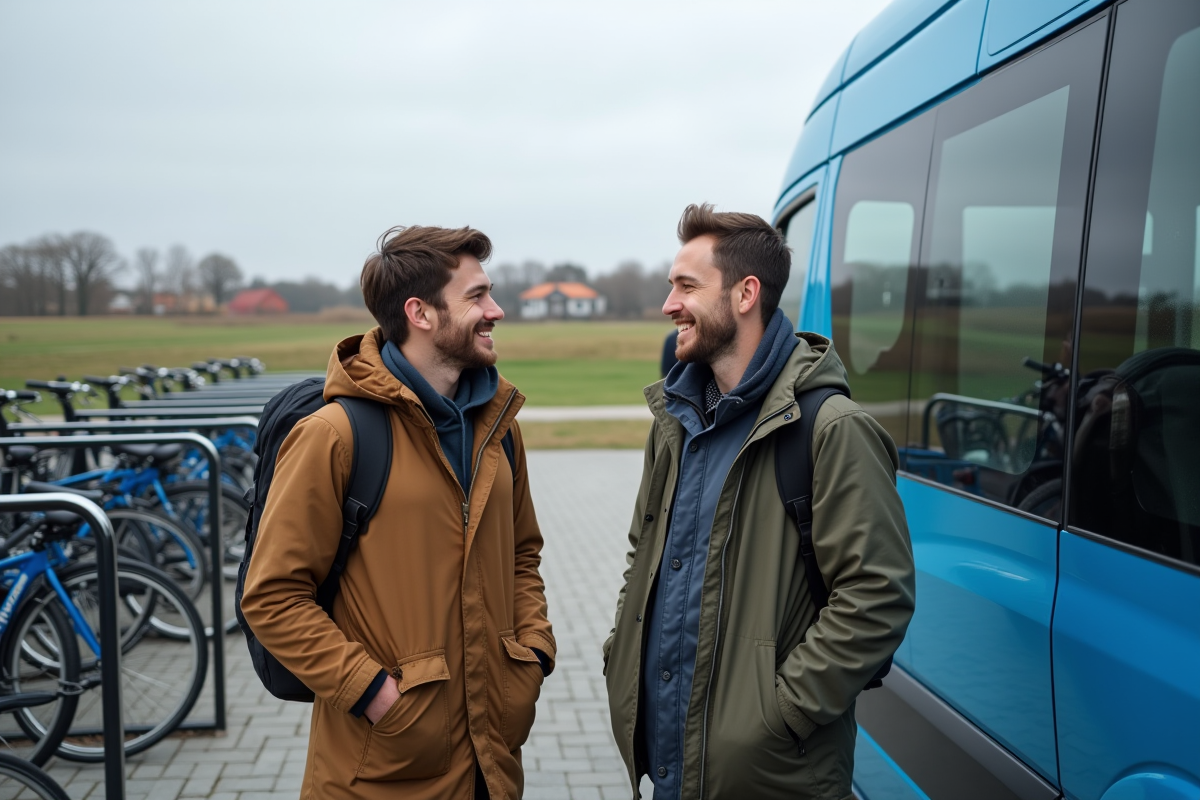 Deux jeunes hommes discutent près d une navette dans un parking