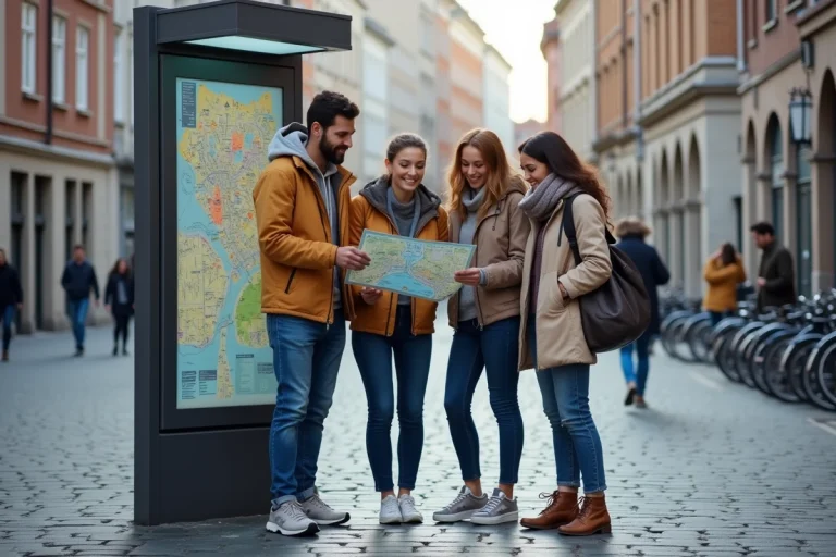 Groupe de jeunes adultes riant avec une carte en ville