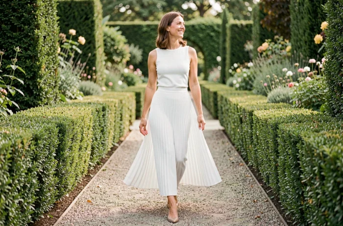 Femme en jupe longue plissée et top assorti blanc marchant dans un jardin botanique