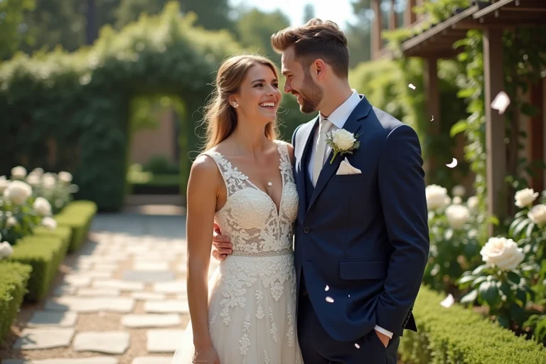 Mariés souriants dans un jardin fleuri lors de leur mariage en plein air avec confettis