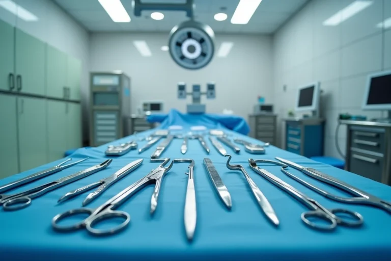 Table d'instruments chirurgicaux stériles disposés en ordre dans un bloc opératoire moderne