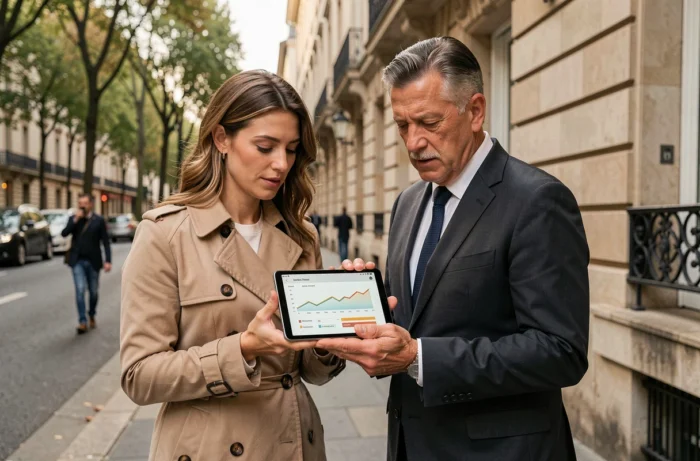 Deux professionnels de l'immobilier consultant une analyse de marché devant un immeuble lyonnais