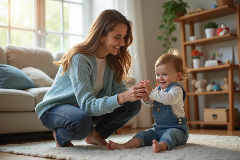 Nounou professionnelle interagissant avec un jeune enfant dans un salon chaleureux et familial