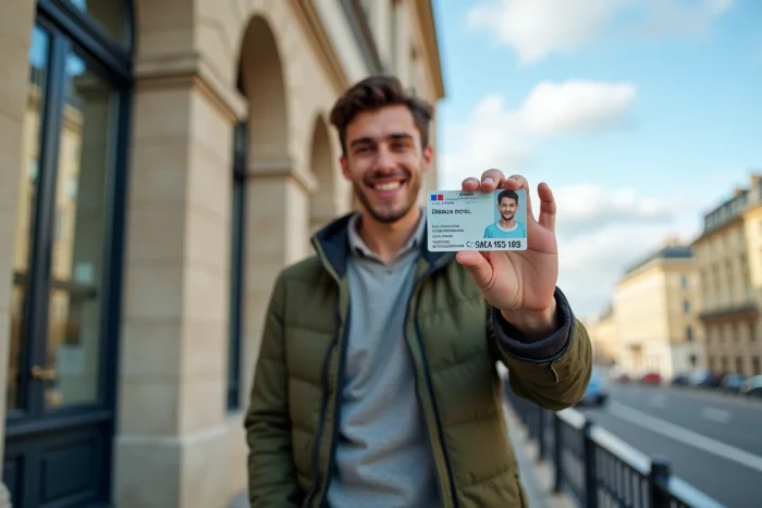 Jeune homme souriant tenant son permis de conduire obtenu devant une préfecture