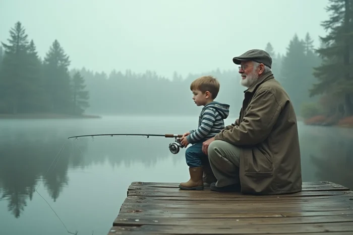 Jeune garçon et grand-père pêchant ensemble sur un ponton en bois au bord d'un lac calme entouré de pins