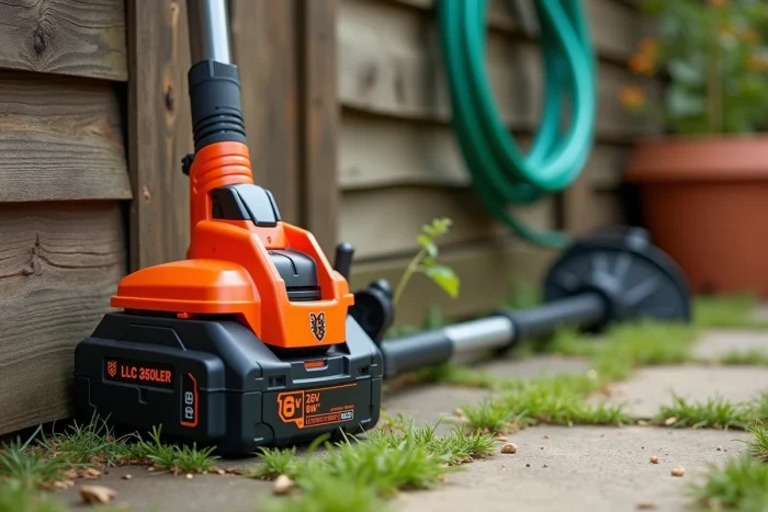 Coupe-bordure Black & Decker GLC3630L20 posé contre une clôture en bois avec batterie 36V visible