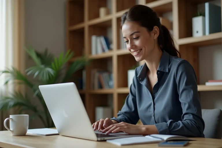 Femme consultant une politique de confidentialité sur son ordinateur portable dans un bureau à domicile moderne