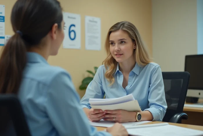 Jeune femme en rendez-vous à la CAF pour se renseigner sur la prime d'activité avec un salaire de 900 euros