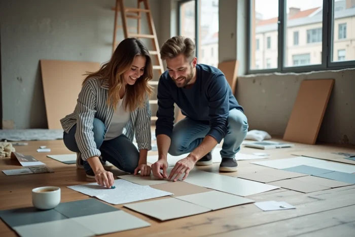 Couple planifiant la rénovation de leur maison avec des échantillons de carrelage et des nuanciers de peinture