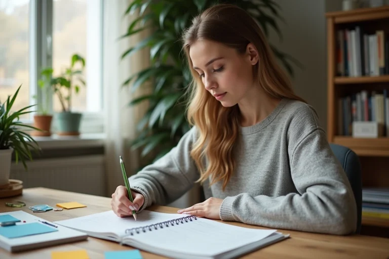 Jeune femme qui révise le code de la route à son bureau avec des fiches et manuels de conduite
