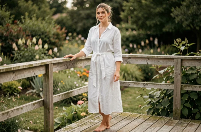 Femme en robe chemise longue en lin blanc sur une terrasse en bois avec vue sur un jardin