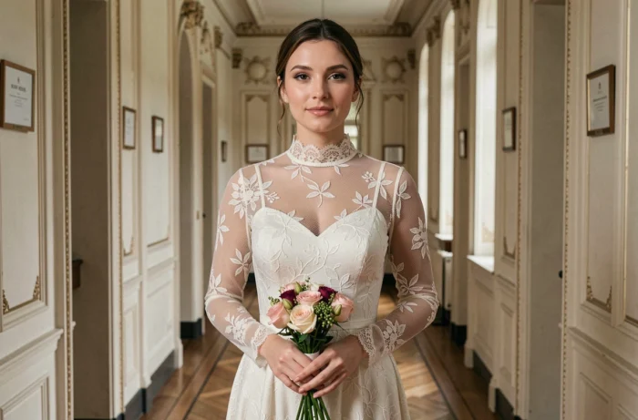 Femme en robe à col montant en dentelle sobre dans le couloir d'une mairie à décor classique