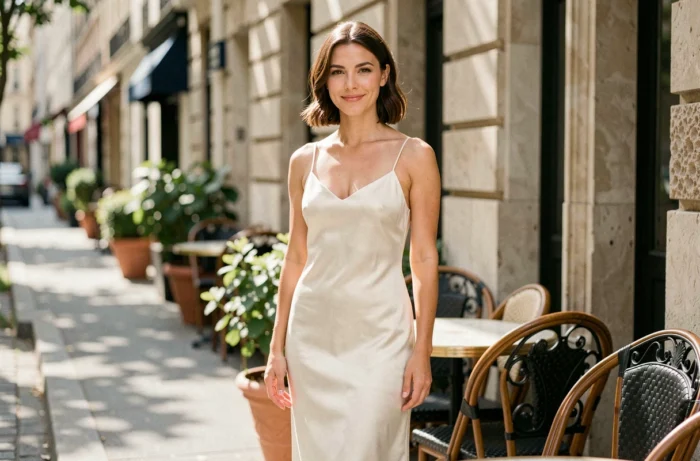 Femme portant une robe midi en satin ivoire à bretelles fines dans un café parisien