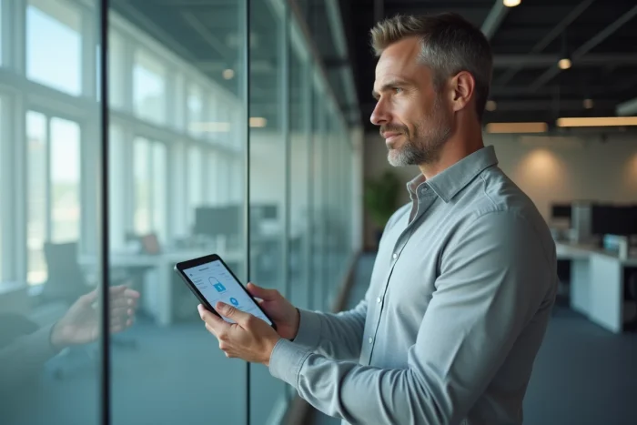 Homme d'affaires utilisant une application sécurisée sur smartphone dans un bureau moderne en open space