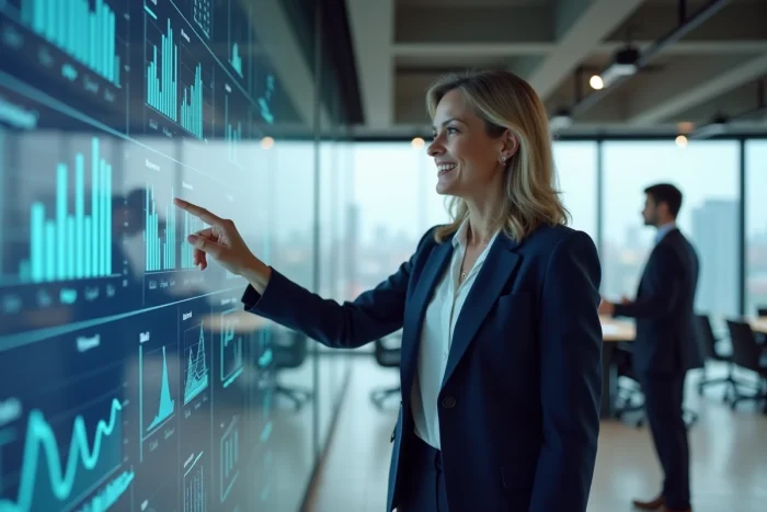 Femme professionnelle présentant des solutions B2B innovantes sur un tableau de bord numérique dans une salle de conférence moderne