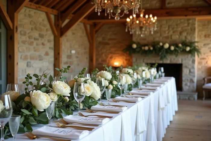 Table de réception de mariage décorée avec fleurs, vaisselle élégante et bougies dans une grange rustique