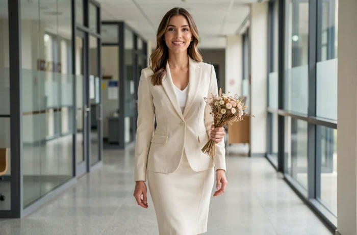 Femme élégante en tailleur-jupe blanc cassé marchant dans un bâtiment administratif moderne