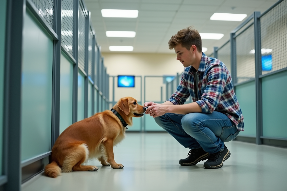 Technicien attachant un capteur sans fil à un chien dans un environnement moderne