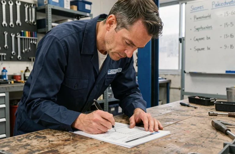 Technicien automobile remplissant un ordre de réparation vierge dans un atelier mécanique organisé