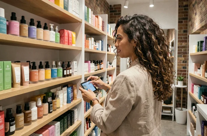 Femme aux cheveux bouclés découvrant les dernières tendances beauté dans une boutique de cosmétiques parisienne