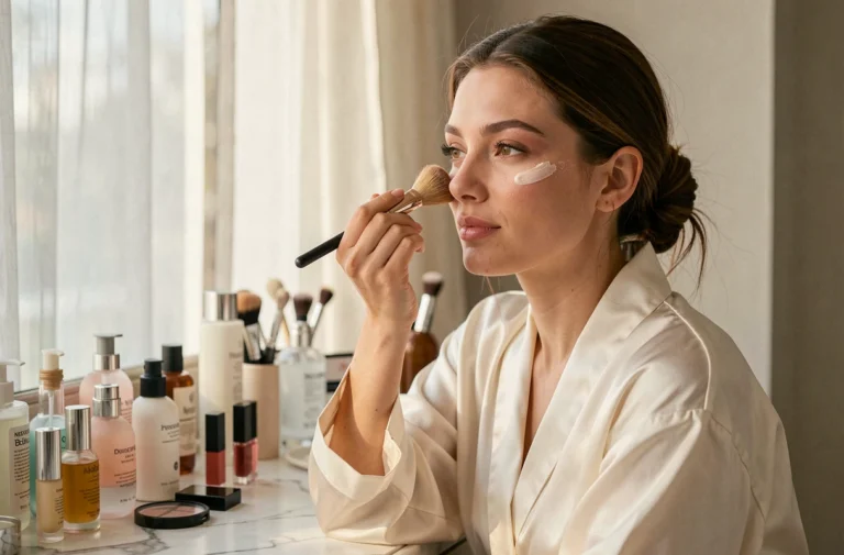 Jeune femme appliquant un enlumineur sur ses pommettes devant une coiffeuse en marbre avec des produits beauté tendance