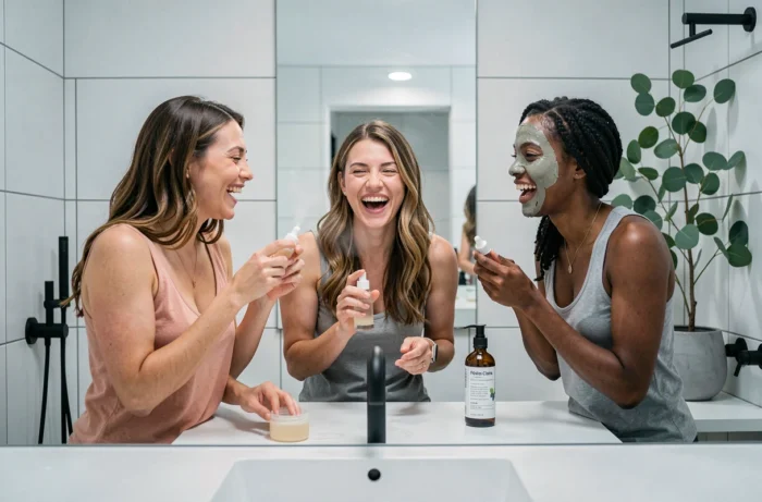 Trois femmes testant ensemble des produits de soin visage tendance dans une salle de bain moderne et minimaliste
