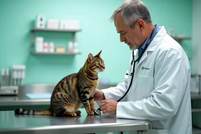 Vétérinaire examinant un chat tabby brun avec un stéthoscope sur une table d'examen en clinique vétérinaire, santé et soins félins